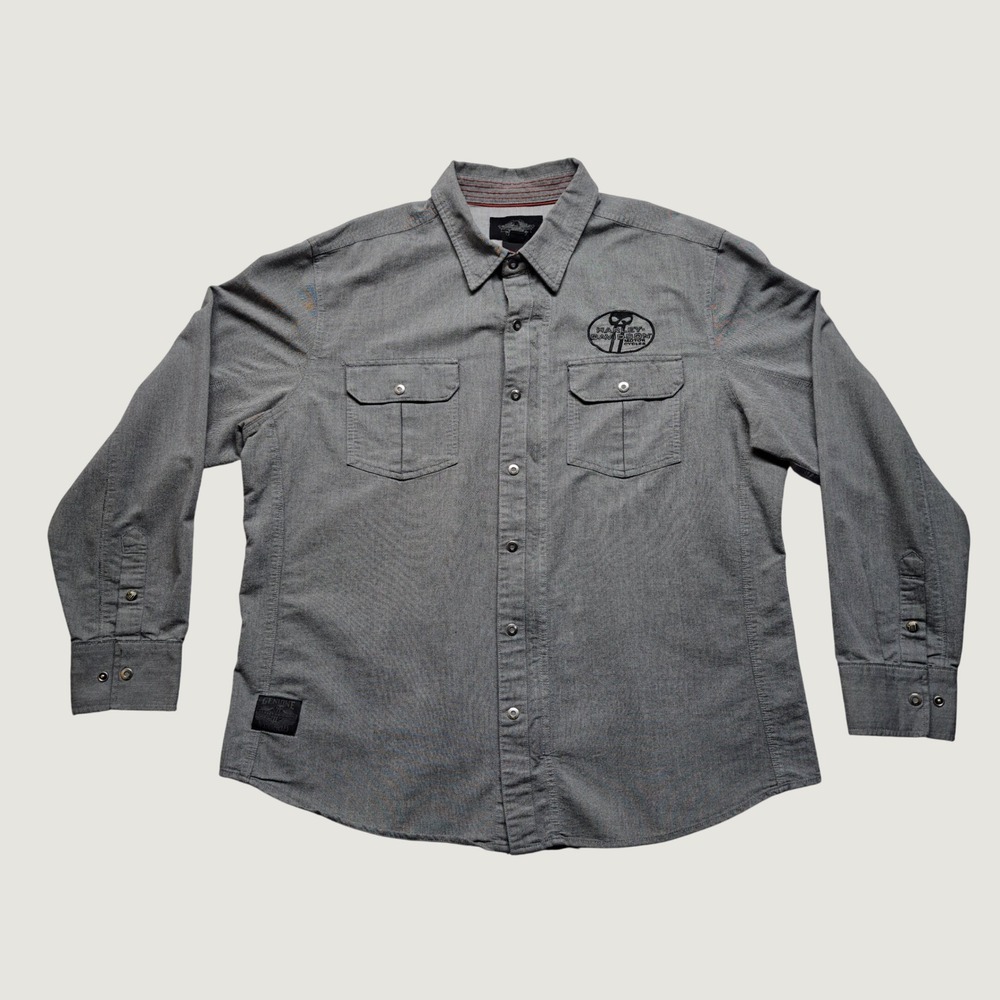 Harley-Davidson Shirt Mens 2XL Gray Excellent Willie G Skull Snap Button Down